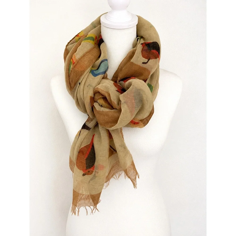 Nobia Songbird Print Scarf Tan Multi Colorful Bird Lightweight Wrap 40x72 fringe